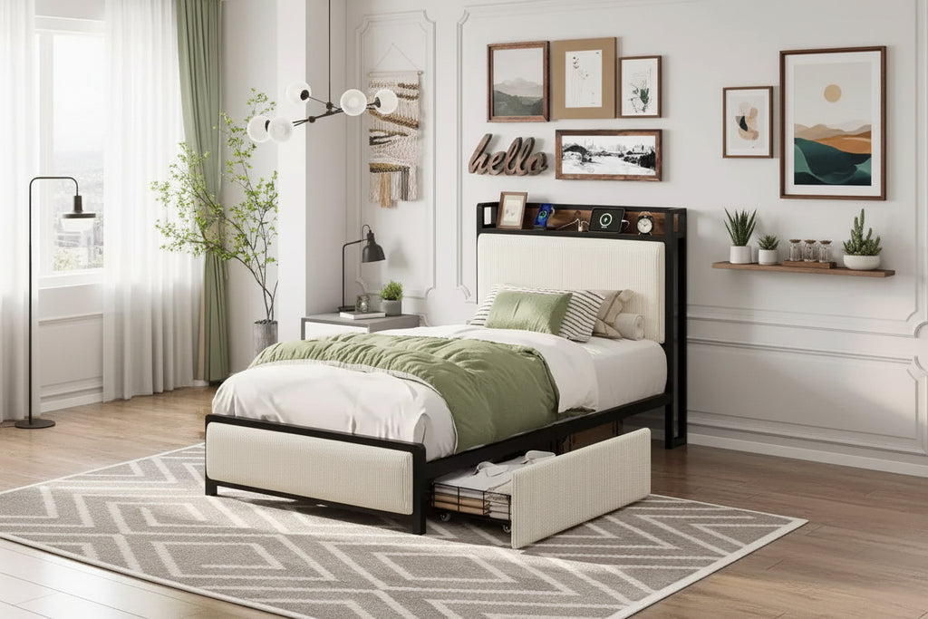 Telaio Letto Singolo con Testiera Contenitore, 2 Cassetti a Rotelle e Stazione di Ricarica, Rivestimento in Lino, Antirumore, Facile Montaggio