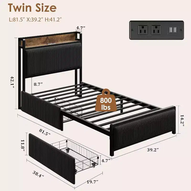 Telaio Letto Singolo con Testiera Contenitore, 2 Cassetti a Rotelle e Stazione di Ricarica, Rivestimento in Lino, Antirumore, Facile Montaggio