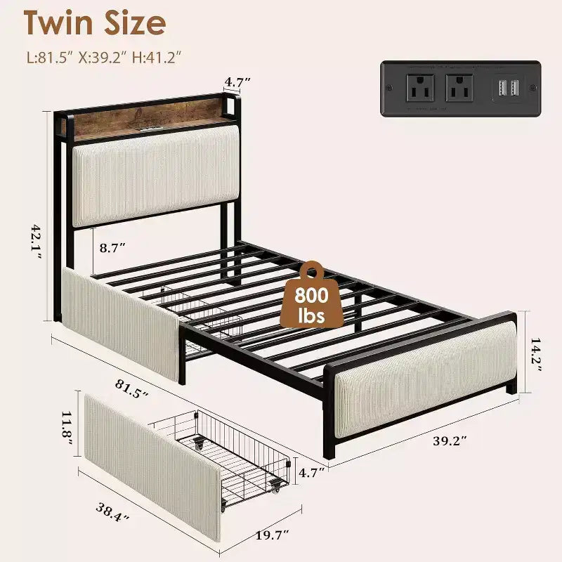 Telaio Letto Singolo con Testiera Contenitore, 2 Cassetti a Rotelle e Stazione di Ricarica, Rivestimento in Lino, Antirumore, Facile Montaggio