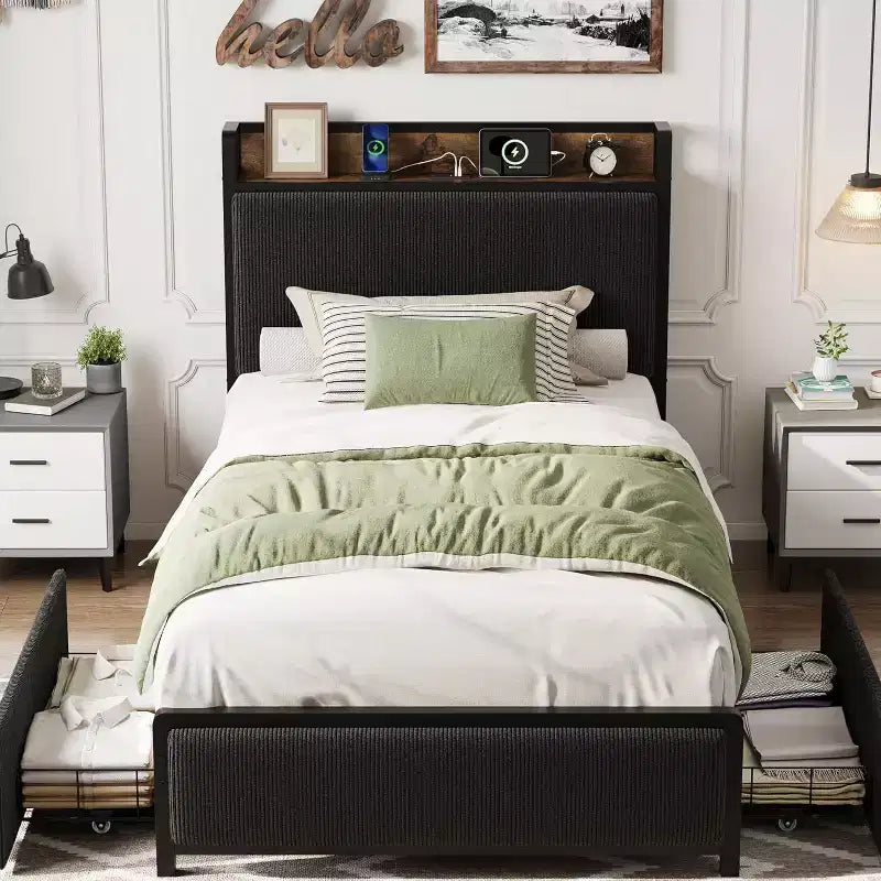 Acekool Twin Platform Bed Frame with Storage Headboard, 2 Rolling Drawers & Charging Station, Linen Upholstered, Noise-Free, Easy Assembly