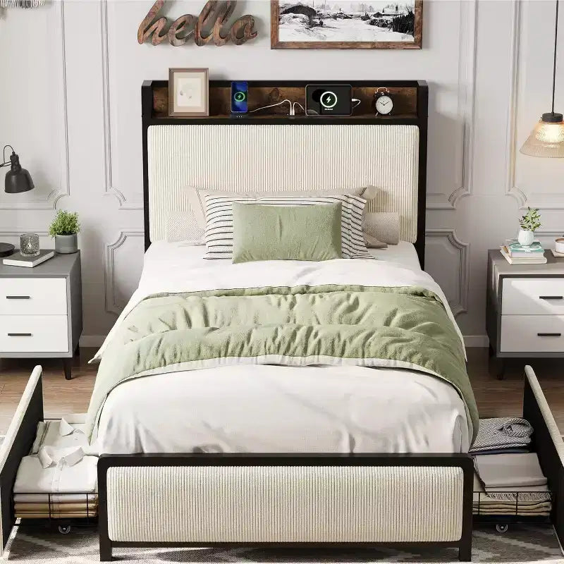 Telaio Letto Singolo con Testiera Contenitore, 2 Cassetti a Rotelle e Stazione di Ricarica, Rivestimento in Lino, Antirumore, Facile Montaggio