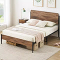 Queen Bed Frame, Metal Frame with Vintage Wood Headboard & Footboard, Under-Bed Storage, Heavy Slat Support, No Box Spring, Walnut
