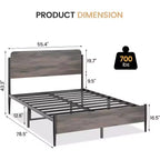 Struttura Letto Matrimoniale Queen Size, in Metallo con Testiera e Pediera in Legno Stile Vintage, Contenitore Sottoletto, Supporto a Doghe Robusto, Nessuna Rete a Molle, Noce