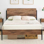 Struttura Letto Matrimoniale Queen Size, in Metallo con Testiera e Pediera in Legno Stile Vintage, Contenitore Sottoletto, Supporto a Doghe Robusto, Nessuna Rete a Molle, Noce