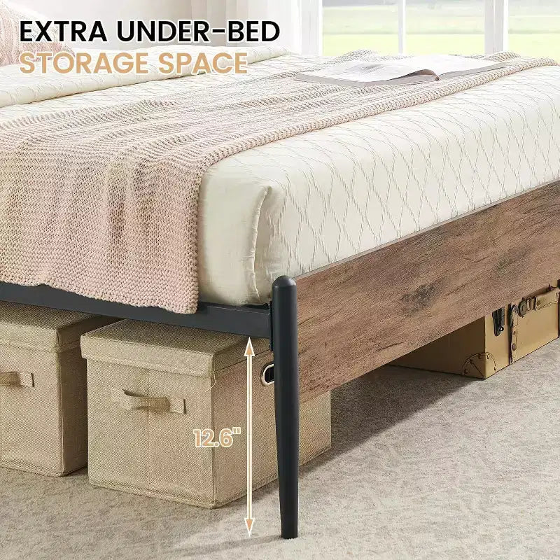 Struttura Letto Matrimoniale Queen Size, in Metallo con Testiera e Pediera in Legno Stile Vintage, Contenitore Sottoletto, Supporto a Doghe Robusto, Nessuna Rete a Molle, Noce