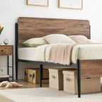 Struttura Letto Matrimoniale Queen Size, in Metallo con Testiera e Pediera in Legno Stile Vintage, Contenitore Sottoletto, Supporto a Doghe Robusto, Nessuna Rete a Molle, Noce