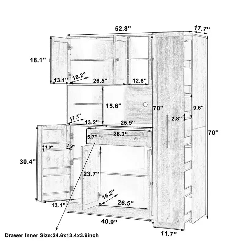 Credenza con piattaia, armadietto estraibile e cassetto