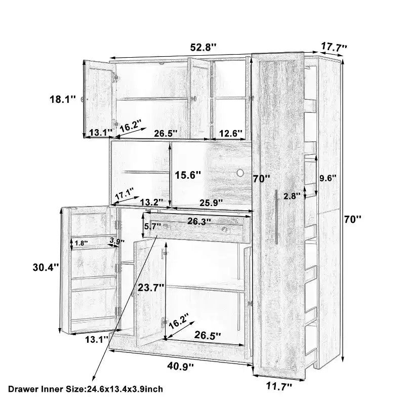 Credenza con piattaia, armadietto estraibile e cassetto