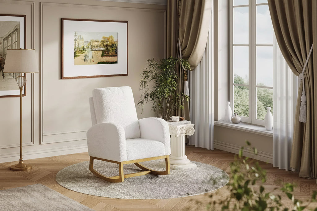 Sedia a dondolo con schienale alto e braccioli, sedia a dondolo moderna imbottita per la cameretta, bianca/grigio scuro/grigio chiaro