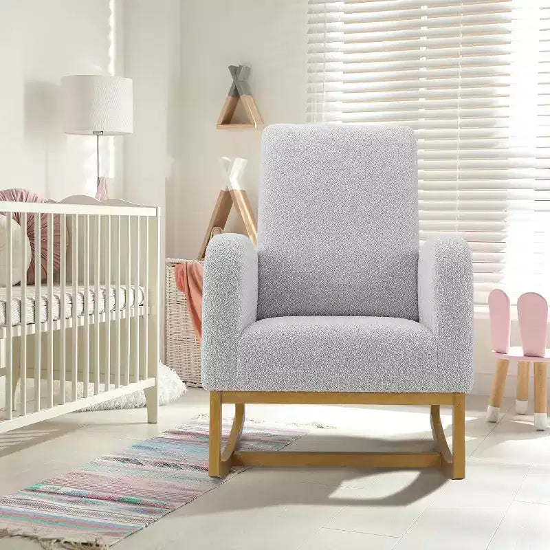 Sedia a dondolo con schienale alto e braccioli, sedia a dondolo moderna imbottita per la cameretta, bianca/grigio scuro/grigio chiaro