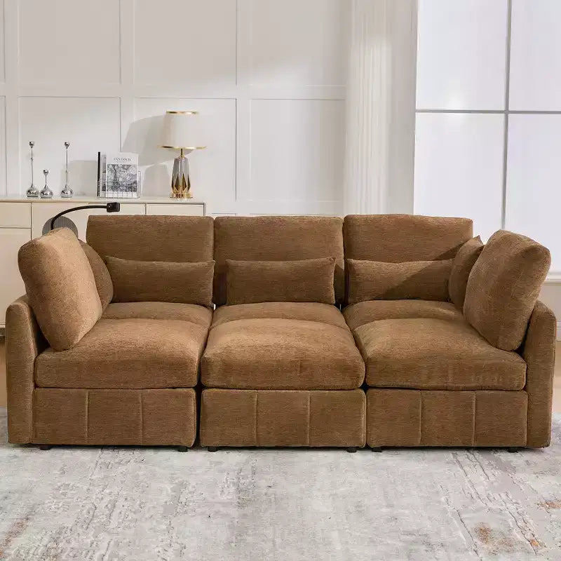 Divano Multifunzionale in ciniglia con Pouf Modulare, Porte USB e Porta Telefono