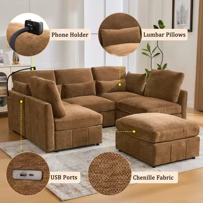 Divano Multifunzionale in ciniglia con Pouf Modulare, Porte USB e Porta Telefono