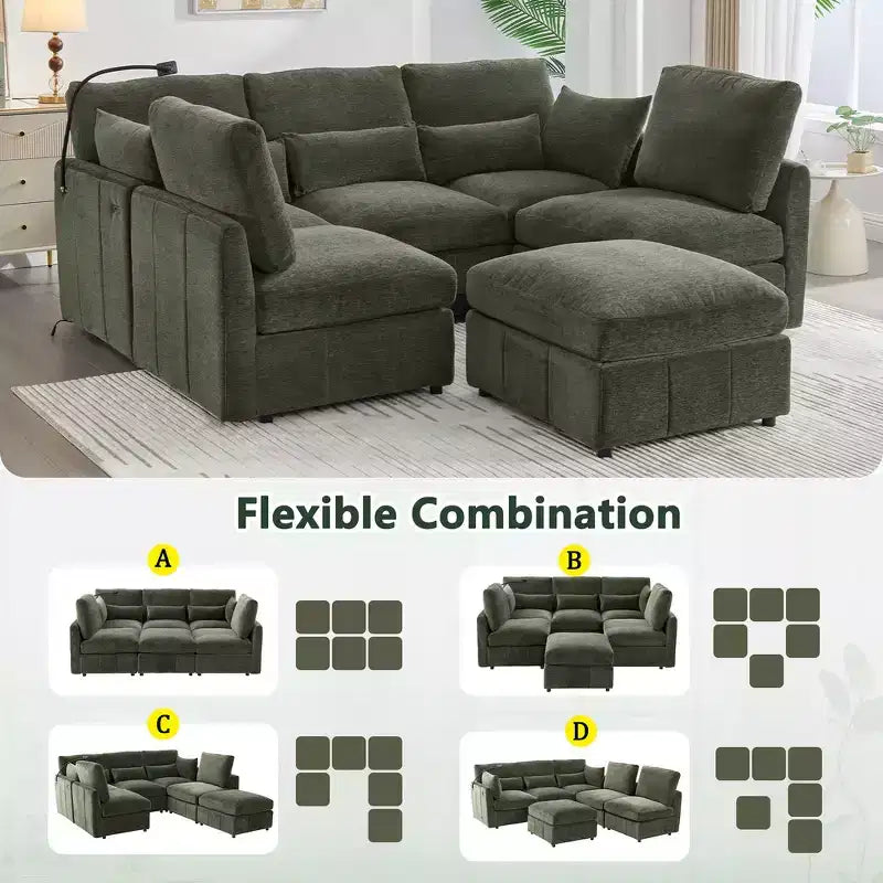 Divano Multifunzionale in ciniglia con Pouf Modulare, Porte USB e Porta Telefono