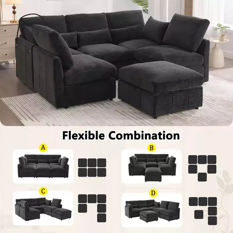 Divano Multifunzionale in ciniglia con Pouf Modulare, Porte USB e Porta Telefono