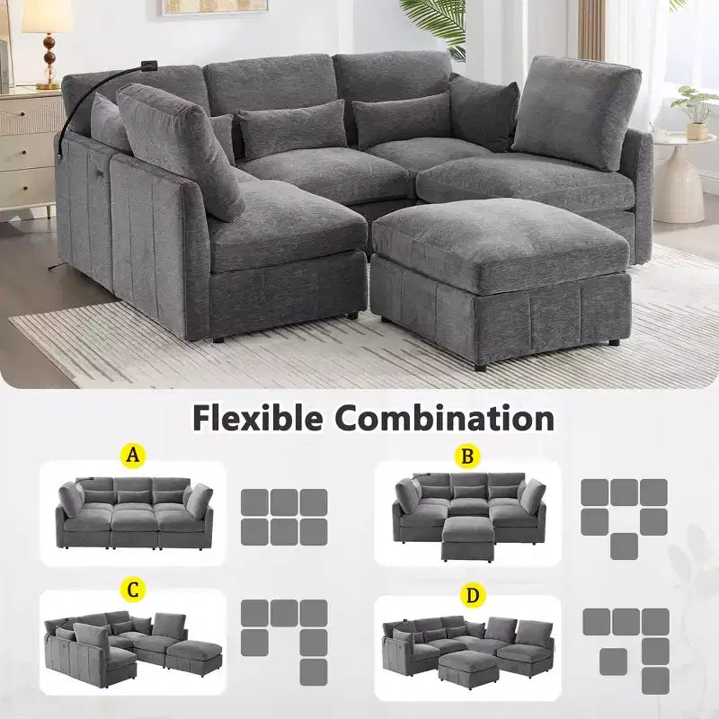 Divano Multifunzionale in ciniglia con Pouf Modulare, Porte USB e Porta Telefono