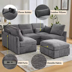 Divano Multifunzionale in ciniglia con Pouf Modulare, Porte USB e Porta Telefono