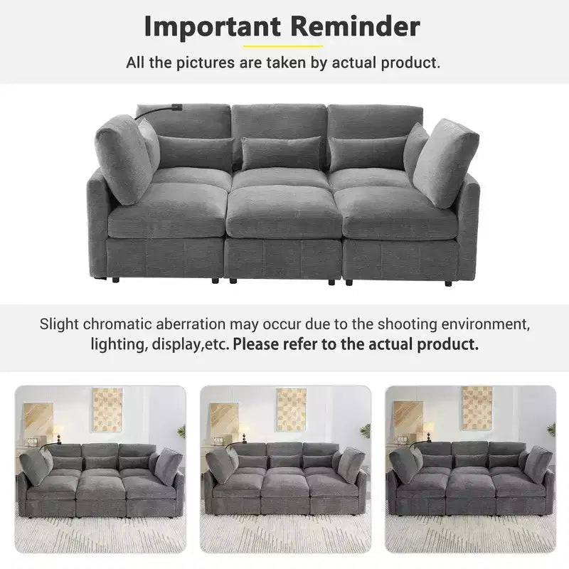 Divano Multifunzionale in ciniglia con Pouf Modulare, Porte USB e Porta Telefono