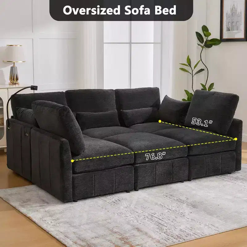 Divano Multifunzionale in ciniglia con Pouf Modulare, Porte USB e Porta Telefono