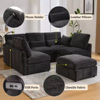 Divano Multifunzionale in ciniglia con Pouf Modulare, Porte USB e Porta Telefono