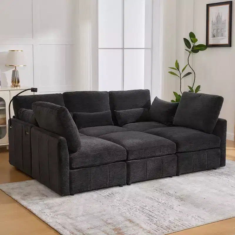 Whisen Multi-Functional Chenille Sofa with Modular Ottoman, USB Ports & Phone Holder