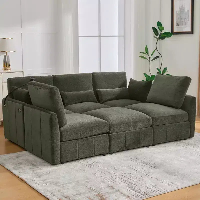 Divano Multifunzionale in ciniglia con Pouf Modulare, Porte USB e Porta Telefono
