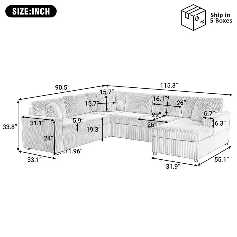 Divano componibile oversize in velluto a coste con chaise longue e tre morbidi cuscini decorativi