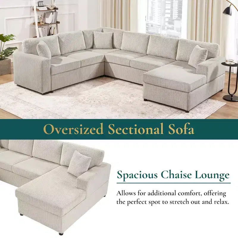 Divano componibile oversize in velluto a coste con chaise longue e tre morbidi cuscini decorativi