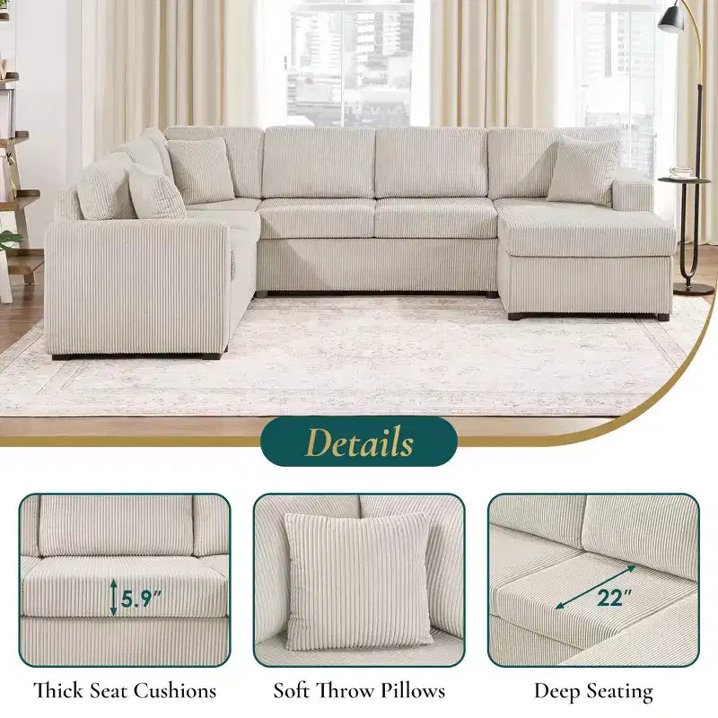 Divano componibile oversize in velluto a coste con chaise longue e tre morbidi cuscini decorativi