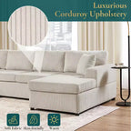 Divano componibile oversize in velluto a coste con chaise longue e tre morbidi cuscini decorativi