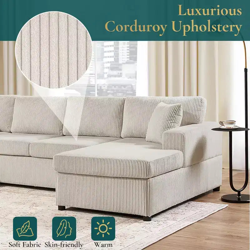 Divano componibile oversize in velluto a coste con chaise longue e tre morbidi cuscini decorativi