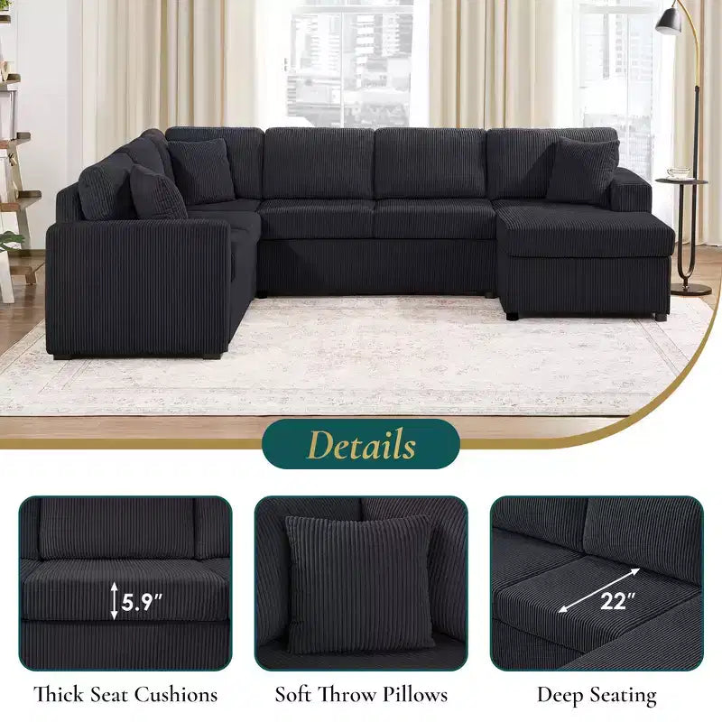 Divano componibile oversize in velluto a coste con chaise longue e tre morbidi cuscini decorativi
