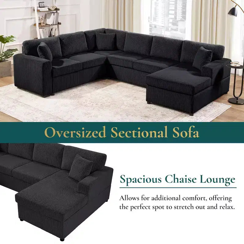 Divano componibile oversize in velluto a coste con chaise longue e tre morbidi cuscini decorativi