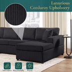 Divano componibile oversize in velluto a coste con chaise longue e tre morbidi cuscini decorativi