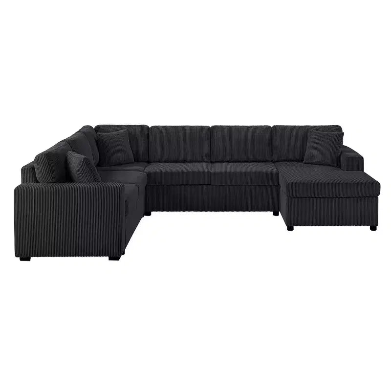 Divano componibile oversize in velluto a coste con chaise longue e tre morbidi cuscini decorativi