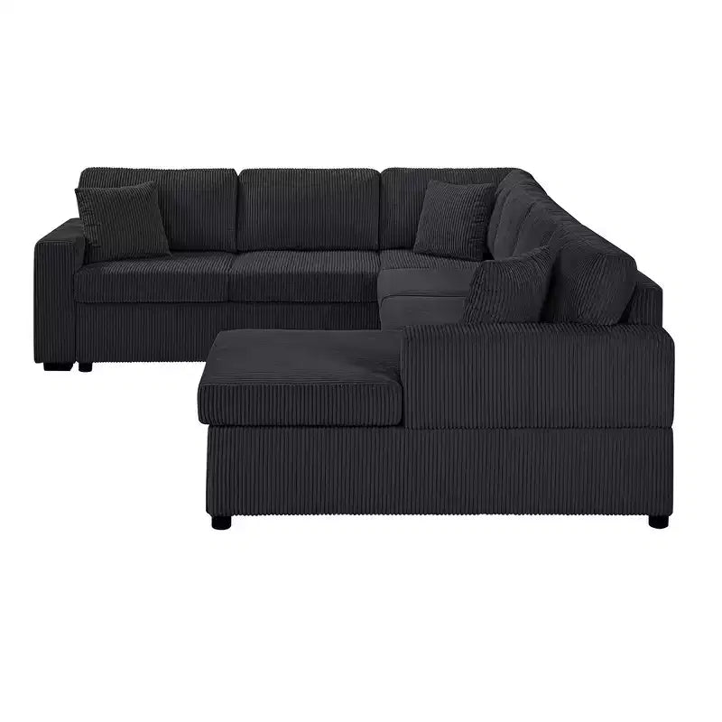 Divano componibile oversize in velluto a coste con chaise longue e tre morbidi cuscini decorativi