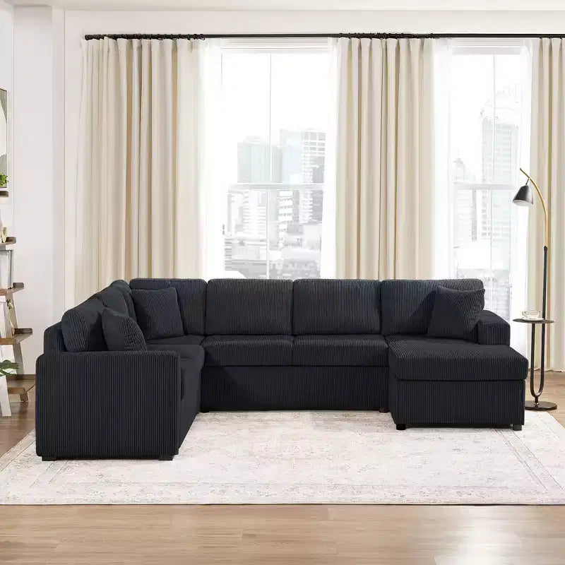Whisen Corduroy Oversized Sectional Sofa with a Chaise Lounge and Three Soft Throw Pillows