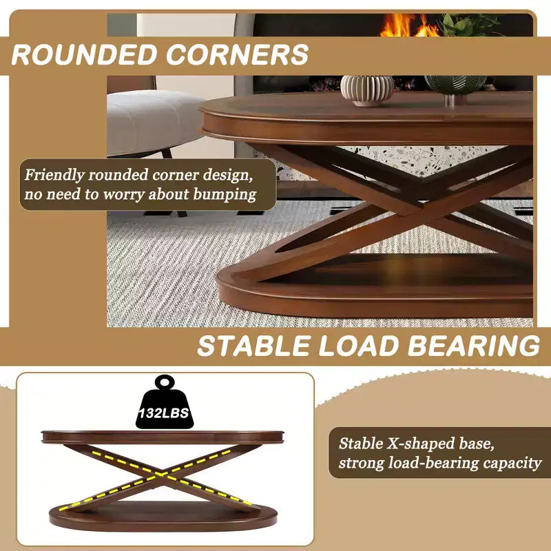 Tavolino da caffè in legno con base a X, tavolino ovale da cocktail da 44" con contenitore, tavolino centrale per divano