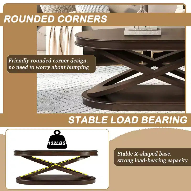 Tavolino da caffè in legno con base a X, tavolino ovale da cocktail da 44" con contenitore, tavolino centrale per divano