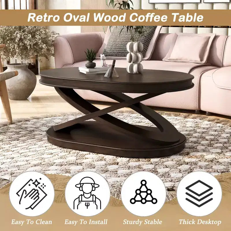 Tavolino da caffè in legno con base a X, tavolino ovale da cocktail da 44" con contenitore, tavolino centrale per divano