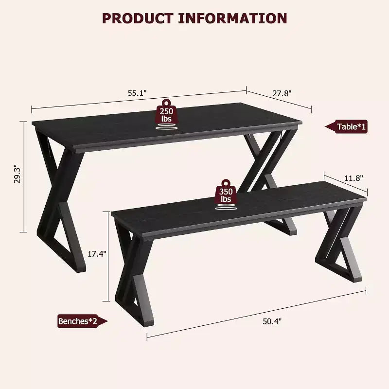 Tavolo da Pranzo e Sedie a X 3 Pezzi - Durevole, Elegante, Salvaspazio, Facile da Pulire, Seduta Confortevole