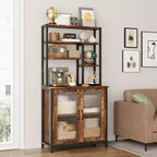 Scaffale da Panettiere con Armadietto, Supporto per Microonde a 5 Livelli, Scaffale da Panettiere Verticale con Anta, Caffetteria Alta, Mobile Bar Marrone con Ganci, per Cucina