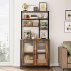 Scaffale da Panettiere con Armadietto, Supporto per Microonde a 5 Livelli, Scaffale da Panettiere Verticale con Anta, Caffetteria Alta, Mobile Bar Marrone con Ganci, per Cucina