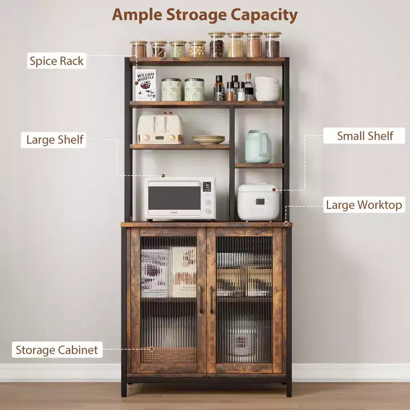 Scaffale da Panettiere con Armadietto, Supporto per Microonde a 5 Livelli, Scaffale da Panettiere Verticale con Anta, Caffetteria Alta, Mobile Bar Marrone con Ganci, per Cucina