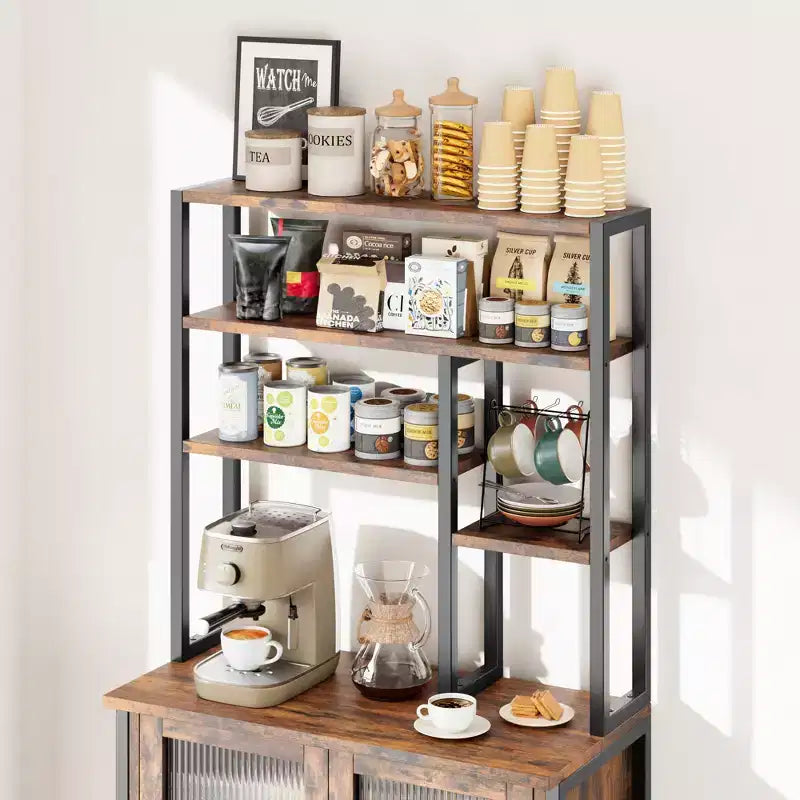 Scaffale da Panettiere con Armadietto, Supporto per Microonde a 5 Livelli, Scaffale da Panettiere Verticale con Anta, Caffetteria Alta, Mobile Bar Marrone con Ganci, per Cucina