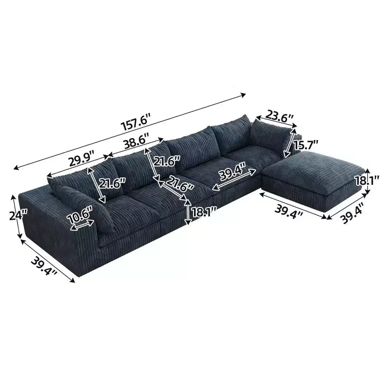 157.6 Divano Blu Nuvola in Tessuto Velluto a Coste con Seduta Profonda e 1 Pouf, Design a Doppio Strato Cuscino Rimovibile Nessun Assemblaggio Fai da Te