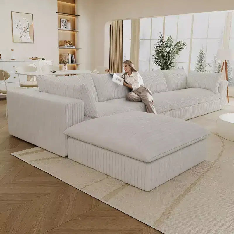 157.6 Divano Blu Nuvola in Tessuto Velluto a Coste con Seduta Profonda e 1 Pouf, Design a Doppio Strato Cuscino Rimovibile Nessun Assemblaggio Fai da Te