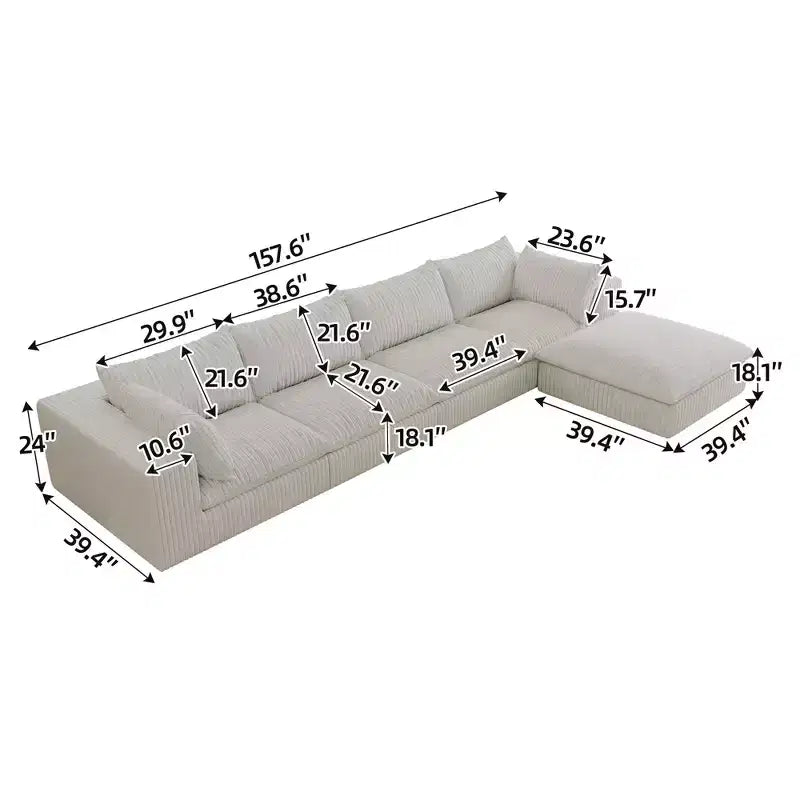 157.6 Divano Blu Nuvola in Tessuto Velluto a Coste con Seduta Profonda e 1 Pouf, Design a Doppio Strato Cuscino Rimovibile Nessun Assemblaggio Fai da Te