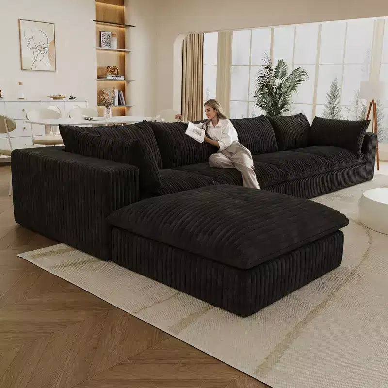 157.6 Divano Blu Nuvola in Tessuto Velluto a Coste con Seduta Profonda e 1 Pouf, Design a Doppio Strato Cuscino Rimovibile Nessun Assemblaggio Fai da Te