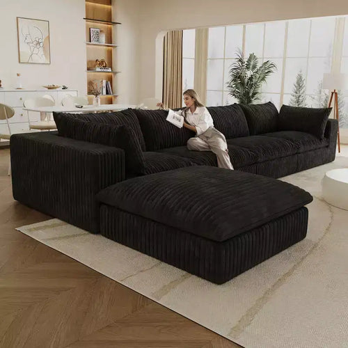 157.6 Divano Blu Nuvola in Tessuto Velluto a Coste con Seduta Profonda e 1 Pouf, Design a Doppio Strato Cuscino Rimovibile Nessun Assemblaggio Fai da Te