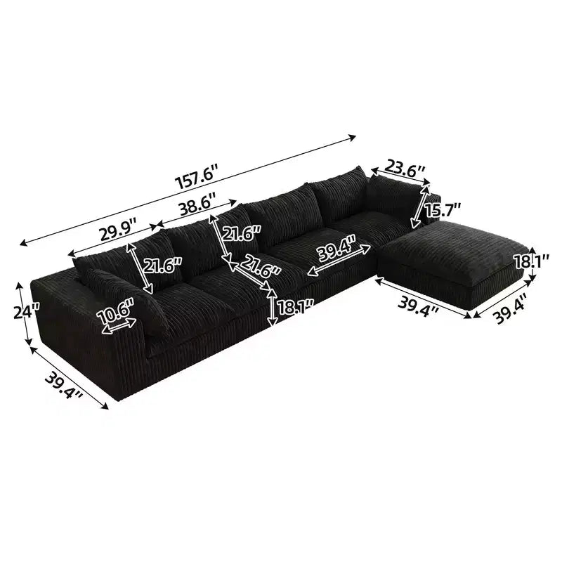 157.6 Divano Blu Nuvola in Tessuto Velluto a Coste con Seduta Profonda e 1 Pouf, Design a Doppio Strato Cuscino Rimovibile Nessun Assemblaggio Fai da Te